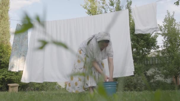 Atractiva mujer mayor con un chal blanco en la cabeza colgando ropa de cama en la cuerda en el primer plano del jardín. Lavado. Positivo ama de casa haciendo lavandería . — Vídeos de Stock