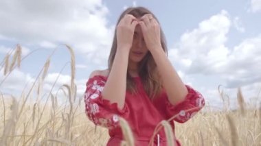 Portre ihale inanılmaz renkli güneş ışınları buğday alanında doğa ve güneş ışığı zevk büyüleyici genç kadın. Kendine güvenen kız saç düzleştirmek ve kamera bakıyor. Gerçek insanlar serisi. Yavaş çekim