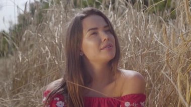 Çekici bir kadın portresi buğday alanında başaklar arasında oturan kameraya bakarak saçlarına dokunmadan. Doğayla bağlantı, doğal güzellik. Hasat zamanı. Yavaş çekim