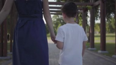 Yaşlı kız kardeşi yaz parkında eller tutarak küçük kardeşi ile yürüyor. Açık havada boş zaman. Kardeşler arasındaki dost ilişkileri. Arka görünüm