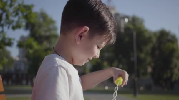 Portrait of cute little boy blowing soap bubbles. Cute child spending time alone outdoors. Summertime leisure. Adorable kid has fun in the park. — Stock Video