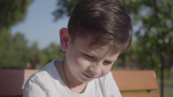 Portré egy aranyos mosolygó fiú a szabadban. A nyári parkban imádnivaló gyermek tölti az idejét. — Stock videók