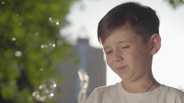 Portrait of the carefree boy blowing soap bubbles and smiling at the camera in the park. Cute child spending time alone outdoors. Summertime leisure — Stock Video