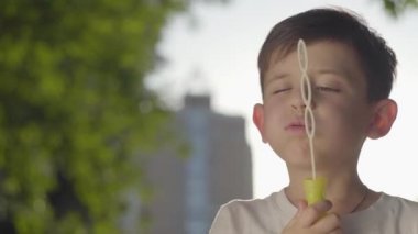 Kaygısız çocuk sabun kabarcıkları üfleme ve parkta kamera gülümsüyor portre. Sevimli çocuk yalnız açık havada vakit geçiriyor. Summertime Leisure