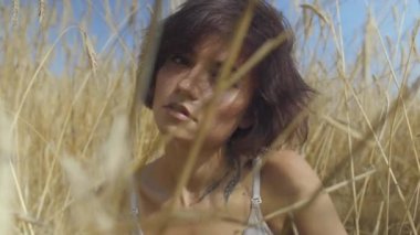 Buğday alanında kısa saçlı esmer kadın. Kız kamera görünümlü ve poz doğa sahiptir. Kendine güvenen kaygısız kız açık havada. Gerçek insanlar serisi