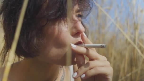 Close-up portret van aantrekkelijke vrouw met kort haar roken sigaret zittend tussen de tarwe veld op zoek weg. Zelfverzekerd zorgeloos meisje buitenshuis. Echte mensen serie. — Stockvideo