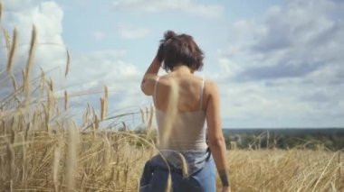 Kısa saçlı bodysuit giyen şık kadın buğday alanında yürürken sarı buğday kulakları dokunmadan. Kamera esmer izler. Kendine güvenen kaygısız kız açık havada. Gerçek insanlar serisi.