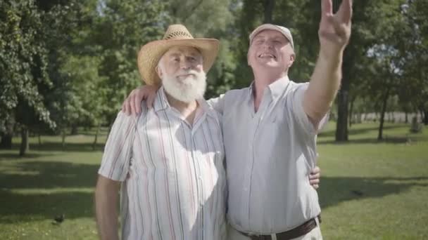 Dos ancianos positivos mirando hacia otro lado invitando al tercer amigo a unirse a ellos en el parque. Ocio al aire libre. Personas maduras descansando en el jardín de verano. Los amigos varones mayores se divierten juntos. Hombres jubilados . — Vídeos de Stock