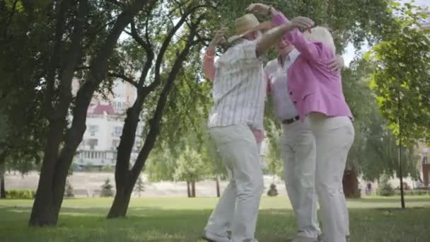 Dos lindas parejas maduras abrazándose y dando vueltas en el parque juntas de pie en círculo. Amistosa compañía descansando al aire libre. Hombres y mujeres viejos sonriendo felizmente. Personas mayores jubiladas sanas y alegres — Vídeo de stock