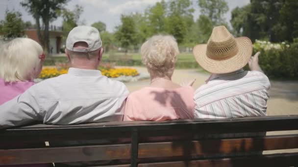 Két imádnivaló érett párok ül a padon, és beszélgetett együtt. Érett emberek pihenő szabadban. Vidám nyugdíjas nyugdíjas emberek. Hátulnézet. — Stock videók