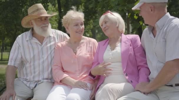 Dos parejas maduras lindas hablando y sonriendo sentados en el banco en el parque de verano. Doble cita de parejas mayores. Amistosa compañía descansando al aire libre. Hombres y mujeres viejos se conocieron juntos. Personas jubiladas . — Vídeos de Stock