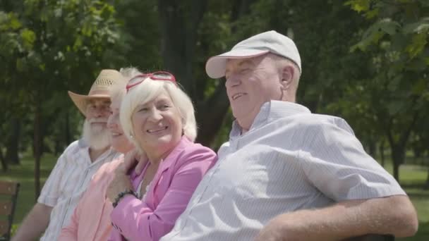 Två bedårande mogna par pratar och leende sitter på bänken i sommar parken. Dubbel datum för seniora par. Vänligt sällskap som vilar utomhus. Gamla män och kvinnor träffades tillsammans. Pensionerad — Stockvideo