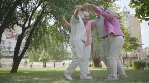 Two cute adult couples hugging in the park together standing in circle. Double date of senior couples. Friendly company resting outdoors. Old men and women smiling happily. Slow motion. — Stock Footage Two cute adult couples hugging in the park together standing in circle. Double date of senior couples. Friendly company resting outdoors. Old men and women smiling happily. Slow motion. Royalty Free Stock Video