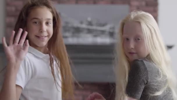 Portrait de fille brune et fille albinos aux cheveux longs agitant les mains en regardant la caméra sourire. Concept d'amitié. Enfance insouciante. Série des personnes réelles . — Video