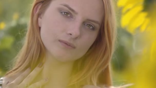 Close-up retrato de menina sensual confiante com cabelos vermelhos e olhos verdes em pé no campo de girassol olhando para a câmera. Conceito de beleza, conexão com a natureza . — Vídeo de Stock