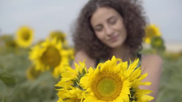 Ritratto di donna riccia giocosa che guarda la macchina fotografica sorridente in piedi sul campo di girasole. Colore giallo brillante. La ragazza che tiene un mazzo di girasoli. Donna felice all'aperto — Video Stock