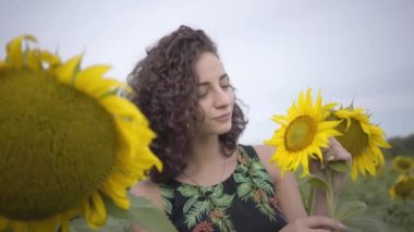 Sevimli eğlenceli kıvırcık eğlenceli şehvetli kadın kamera ayçiçeği alanında ayakta gülümseyerek bakarak Portresi. Parlak sarı renk. Özgürlük kavramı. Dışarıda mutlu bir kadın. Yavaş çekim.