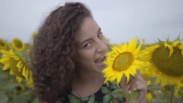 Portret van mooie krullend meisje met een grapje grote zonnebloem bijten in het zonnebloem veld. Verbinding met de natuur. Plattelandsleven. Natuurschoon. Landbouw concept — Stockvideo