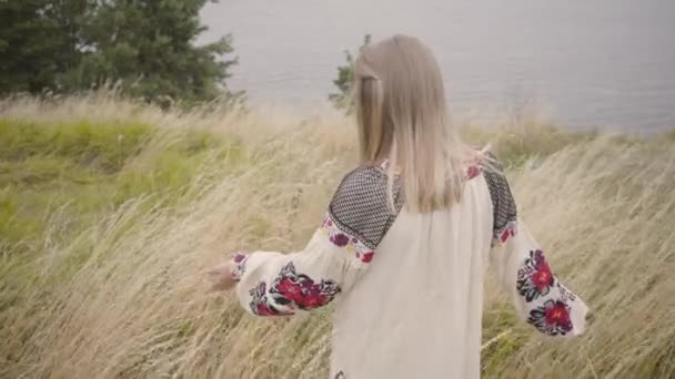 Vue de dos de jolie fille blonde dans une belle robe d'été blanche longue avec broderie marchant parmi l'herbe haute. La rivière est à l'arrière-plan. Concept de mode, lien avec la nature — Video