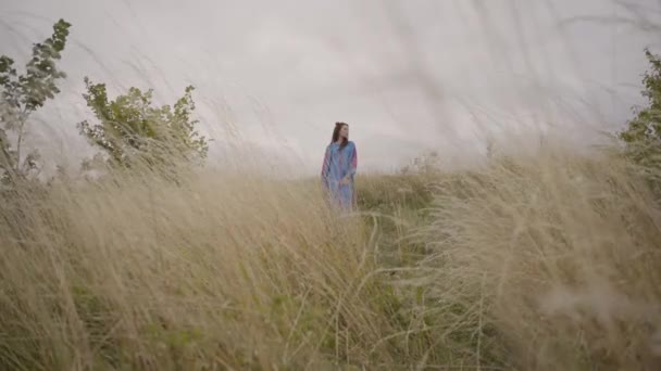 Belle fille insouciante portant une longue robe de mode d'été regardant avec confiance la caméra profiter des stands sur le terrain. Loisirs et week-end d'une jolie jeune femme en plein air. Série des personnes réelles . — Video