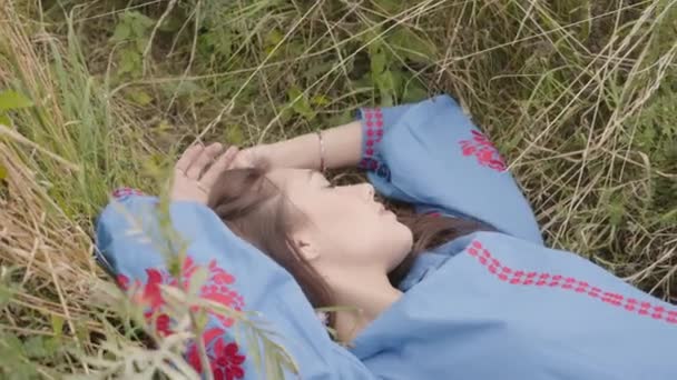 Мила безтурботна біла дівчина в довгій літній модній сукні, що лежить на полі. Дозвілля і вихідні гарненька молода жінка насолоджується на відкритому повітрі. Серія реальних людей . — стокове відео