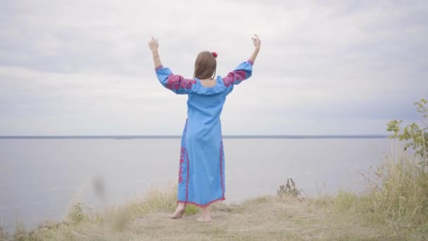 Widok z tyłu na beztrodarmowe kaukaski młoda kobieta ubrana w długą letnią sukienkę mody stoi na polu na tle jeziora lub rzeki. Śliczne African American Girl spędzanie wolnego czasu na świeżym powietrzu. — Wideo stockowe