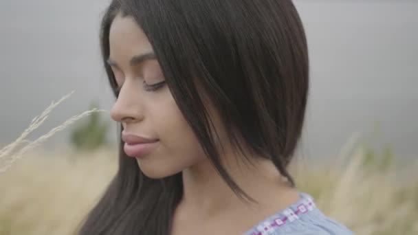Portrait cute confident carefree African American girl enjoying. Leisure and weekend of a pretty young woman holding a bunch of grass outdoors. Real people series — Stock Video
