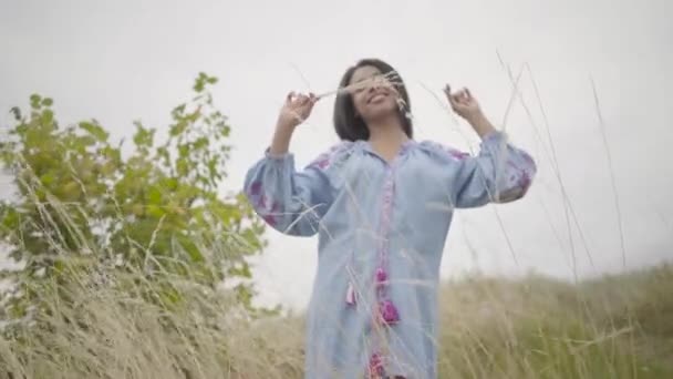 Retrato de la hermosa joven afroamericana sosteniendo un montón de hierba seca en el campo. Concepto de moda, conexión con la naturaleza, estilo de vida rural — Vídeo de stock