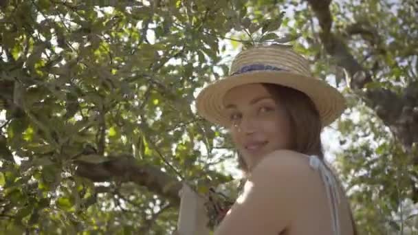 녹색 정원에서 사다리에 서있는 사과를 따기 동안 카메라를보고 밀짚 모자와 긴 흰색 드레스에 매력적인 젊은 여성의 초상화. 수확 시간,농촌 생활 — 비디오