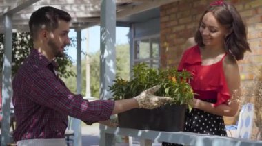 Genç gülümseyen sakallı çiftçi eski evin önünde duran çekici genç kadın ile çiçek tartışıyor. Kırsal yaşam kavramı, büyüyen, bahçecilik