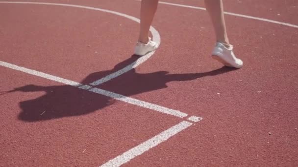 Piernas de mujer deportiva en zapatillas blancas haciendo calentamiento antes de jugar al tenis en la cancha. Shadow repite el movimiento para la chica. Concepto de deporte, poder, competencia, estilo de vida activo — Vídeos de Stock