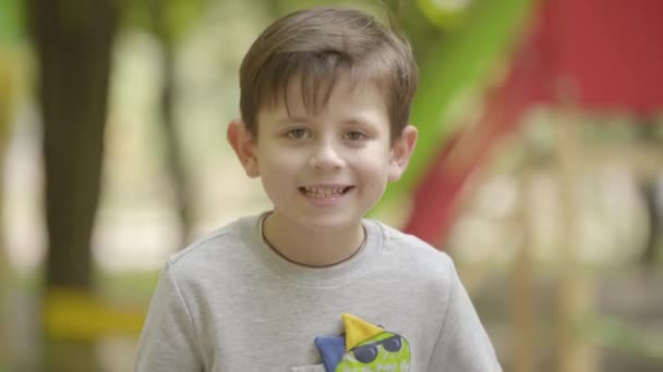 Porträt eines entzückenden lächelnden Jungen, der in die Kamera schaut, die draußen sitzt. Unbeschwerte Kindheit. Ein Kind posiert für die Kamera — Stockvideo