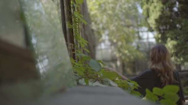 Portret van jonge vrouw kijken in het raam van het oude huis tijdens het wandelen in de tuin. Concept van de zomer, vrouwelijkheid, nieuwsgierigheid. — Stockvideo