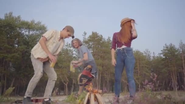 Grupo de jóvenes amigos haciendo picnic con guitarra y cerveza fría o limonada enfriándose y divirtiéndose con buen humor — Vídeos de Stock