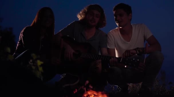 젊은 힙스터 친구들은 해변에서 기타를 연주하고 불로 노래하고 아늑한 여름 저녁에 채팅을합니다. — 비디오