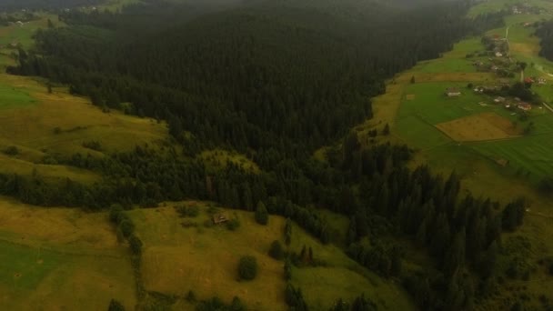 Вид з повітря на невелике сучасне туристичне село, що ховається серед гір. Кози біжать по шляху. Зв'язок з природою. Подорожі, туризм, відпустка. Стрілянина безпілотниками, вид зверху — стокове відео