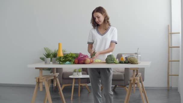 Krásná žena si na kuchyňském stolku s nožem při stání u stolu v kuchyni rozřezává okurku. Šikovná kuchařka připravuje snídani ze zeleniny. Zeleninový salát. Zdravé stravování. — Stock video