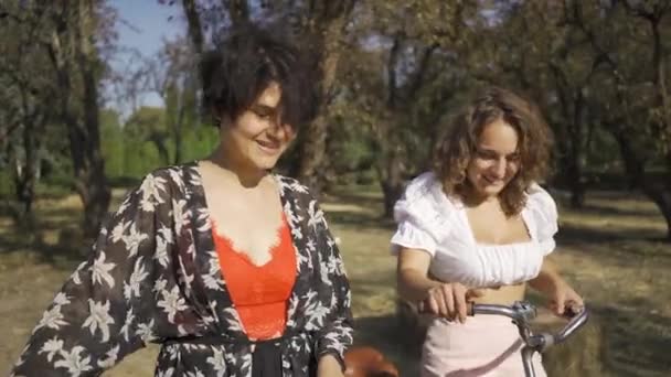 Dos mujeres lindas en vestido brillante hablando mientras conducen sus bicicletas en el camino angosto en la calle. La vida rural. Estilo retro. Hermoso día de verano — Vídeos de Stock