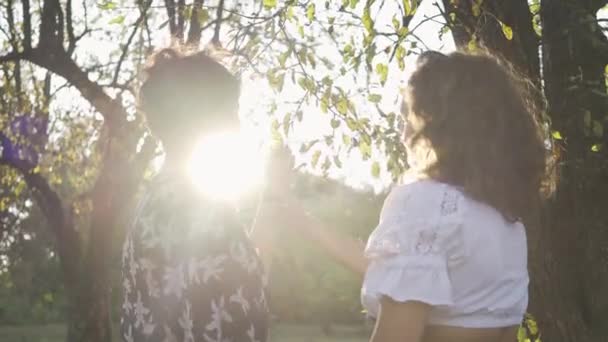 Jeune photographe attrayant avec des cheveux bouclés prenant la photo de la fille dans le jardin ou le parc. La photographe aide sa cliente à mieux poser. Style rétro. Profession — Video