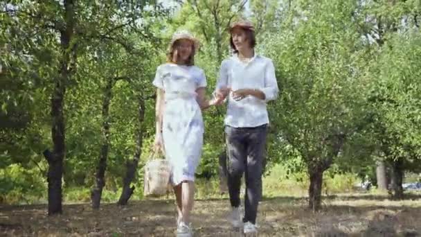 Cute couple walking in the park or garden holding hands, talking and smiling. The man with long hair and pretty woman spending time together outdoors. Retro style. — Stock Video