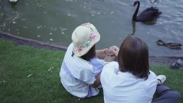 湖や川のほとりに座っている幸せなカップル。若い白人男性と女性は、公園や庭で一緒に時間を過ごします。バックビュー. — ストック動画