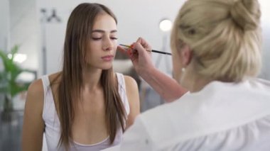 Kızlar üzerinde sanatçı boyama geri görünümü küçük yumuşak fırça kullanarak yüz. Vücut sanatı konsepti. Sanatçıya poz veren model. Omzundan ateş ediyor. Çalışma süreci