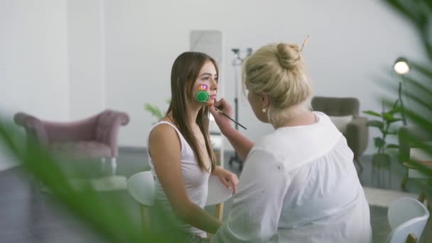 Der Künstler bemalt das Gesicht der Mädchen mit einem kleinen weichen Pinsel und einer Palette. Body Art Konzept. Kunstwerk am menschlichen Körper. Schuss über die Schulter. — Stockvideo