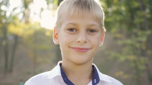 Ένα μικρό χαριτωμένο αγόρι που κοιτάζει την κάμερα και χαμογελάει. Πορτρέτο ενός παιδιού στο πάρκο στις ηλιακές ακτίνες. Δραστηριότητες αναψυχής, περνώντας χρόνο σε εξωτερικούς χώρους. — Αρχείο Βίντεο