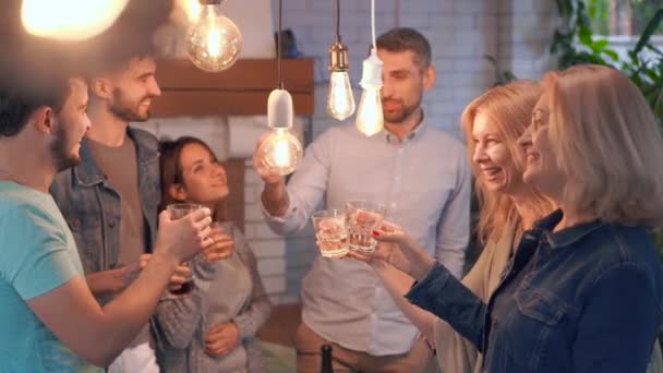 Grupo de caucasianos de diferentes idades bebendo álcool e sorrindo. Homem maduro a brindar. Família amigável celebrando férias . — Vídeo de Stock