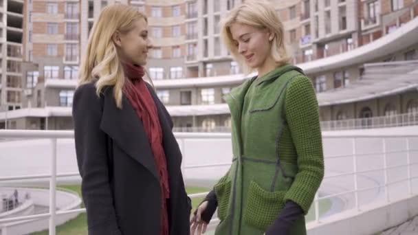 Zwei süße blonde Freundinnen, die auf der Straße stehen und sich gegenseitig Einkaufstüten zeigen. Zwei Modefrauen zeigen ihre Einkäufe. Unbeschwerter Lebensstil. Shopaholismus — Stockvideo