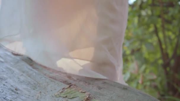Κοντινό-up πόδια της νεαρής γυναίκας σε λευκό μακρύ φόρεμα περπάτημα στο κορμό δέντρου στο δάσος ξυπόλητη. Αναψυχή σε εξωτερικούς χώρους. Σύνδεση με τη φύση. Αγροτική ζωή — Αρχείο Βίντεο