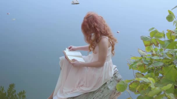 侧视图一个年轻的白种妇女长红头发读蓝湖的背景的书。迷人的女孩坐在河岸的日志上. — 图库视频影像
