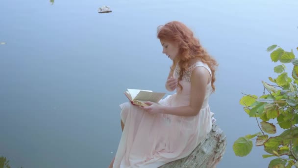 Вид сбоку молодой очаровательной девушки с длинными рыжими волосами, читающей стихи на фоне синего озера. Привлекательная кавказка, сидящая на бревне на берегу реки . — стоковое видео