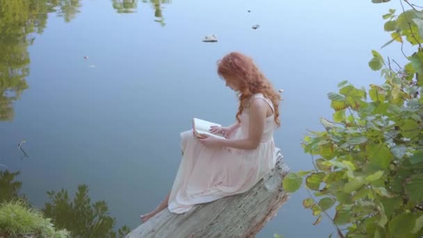 Young charming girl with long red hair in light pink dress is reading poetry at the bank of a blue lake. Attractive caucasian woman sitting in the forest on the grey log. — Stock Video